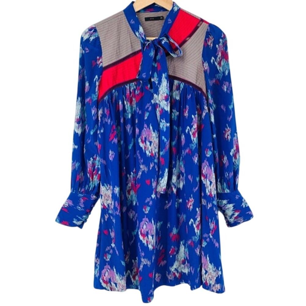 LUX | NWOT Blue Colorful Print Flowy Silk Neck Tie Long Sleeve Mini Tunic Dress